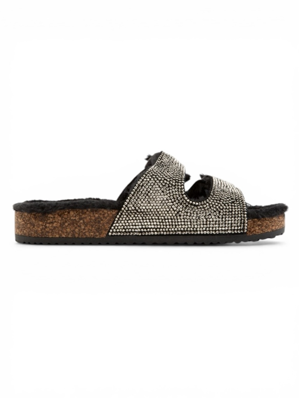 Forever Link Benefit-31 Rhinestone Black Faux-Fur Double-Buckle Slide Sandals ๐ค๐ - Picture 4 of 9